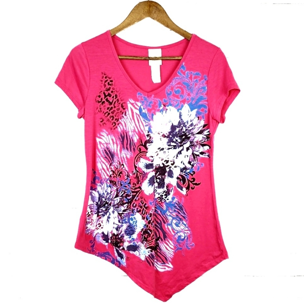 Womens Floral Print Pink Short Sleeve V-Neck Asymmetric Top Blouse Size Small